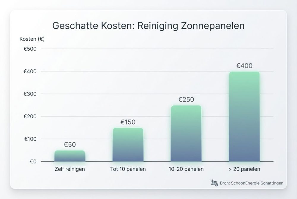 Staafdiagram dat de kosten van zonnepanelen schoonmaken vergelijkt: zelf doen versus uitbesteden. Staafdiagram dat de kosten van zonnepanelen schoonmaken vergelijkt: zelf doen versus uitbesteden.