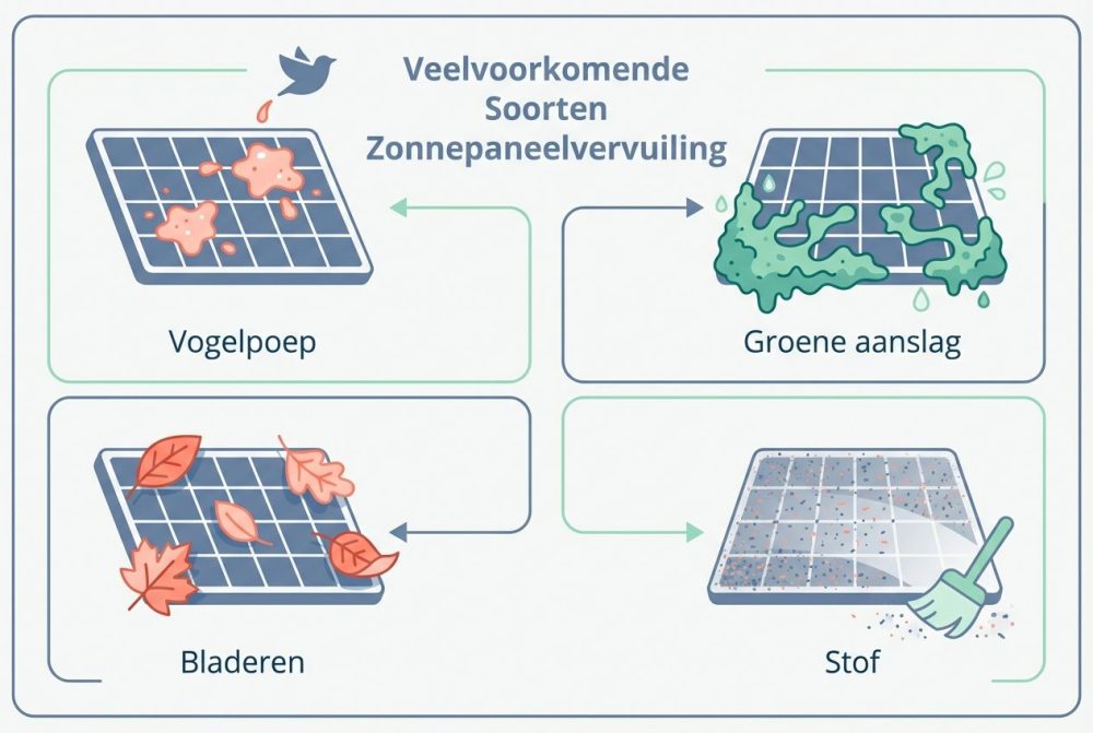 Infographic die verschillende soorten vervuiling op zonnepanelen toont: vogelpoep, groene aanslag en bladeren. Infographic die verschillende soorten vervuiling op zonnepanelen toont: vogelpoep, groene aanslag en bladeren.