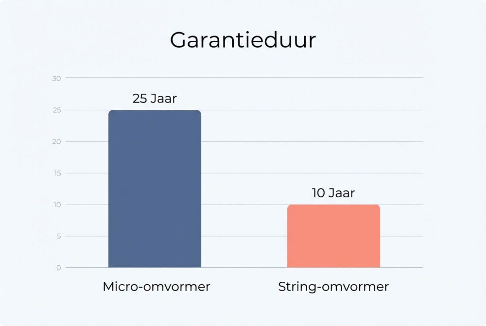Staafdiagram dat de garantieduur vergelijkt: micro-omvormers 25 jaar versus string-omvormers 10 jaar.