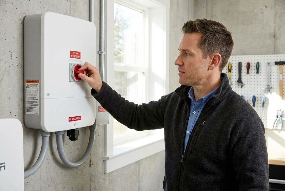 De expert inspecteert de werkschakelaar van een omvormer in een technische ruimte.