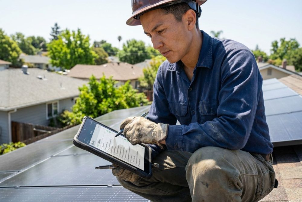 De installateur voert een veiligheidsinspectie uit bij de zonnepanelen met een tablet.