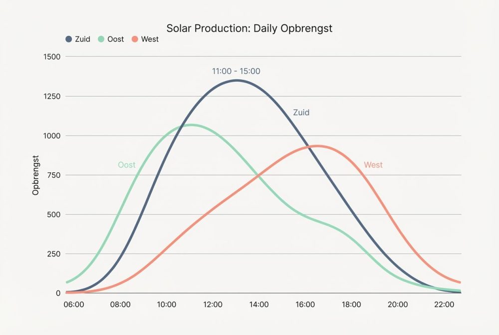 Een grafiek die de zonne-energie opbrengst toont voor zuid, oost en west georiÃ«nteerde daken gedurende de dag.