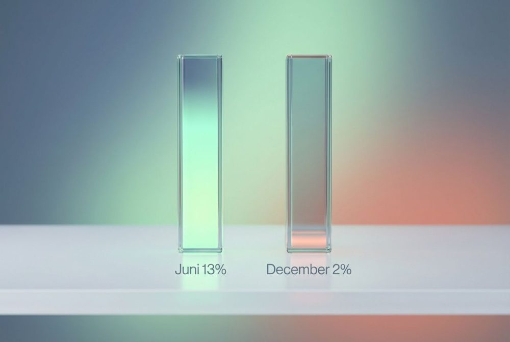 Conceptuele visualisatie van het verschil in opbrengst van zonnepanelen tussen juni en december.