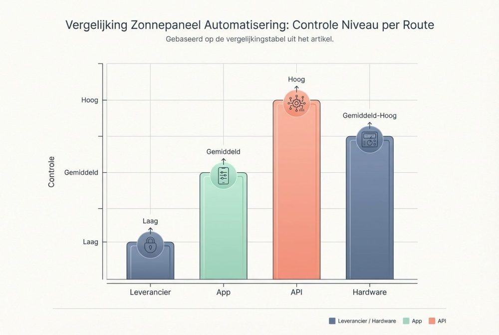 Staafdiagram dat de mate van controle vergelijkt tussen verschillende automatische methoden: Leverancier, App, API en Hardware.